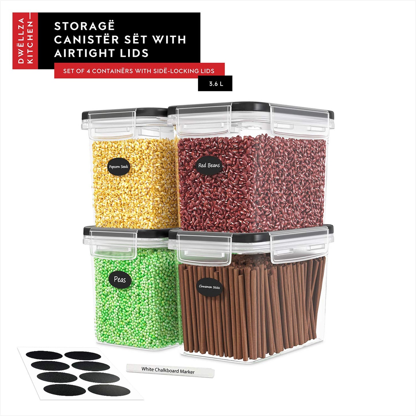DWËLLZA KITCHEN Flour Sugar Storage Containers Set of 4; 3.6L Plastic Airtight Food Storage Containers with Lids for Kitchen Pantry Organization and Storage - Dry Food Containers, Labels & Marker