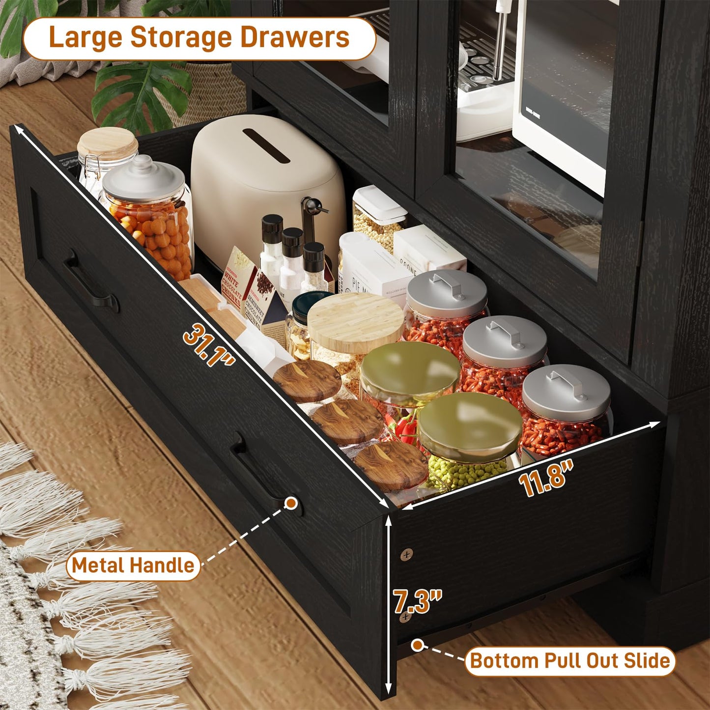 75" Tall Arched Kitchen Pantry Cabinet w Load-Bearing Steel Pipe,Modern Farmhouse Kitchens Storage Cabinet with Drawer and Glass Doors,Tall Arched Bookcase,Pantry Organizer(Woodgrain Black)