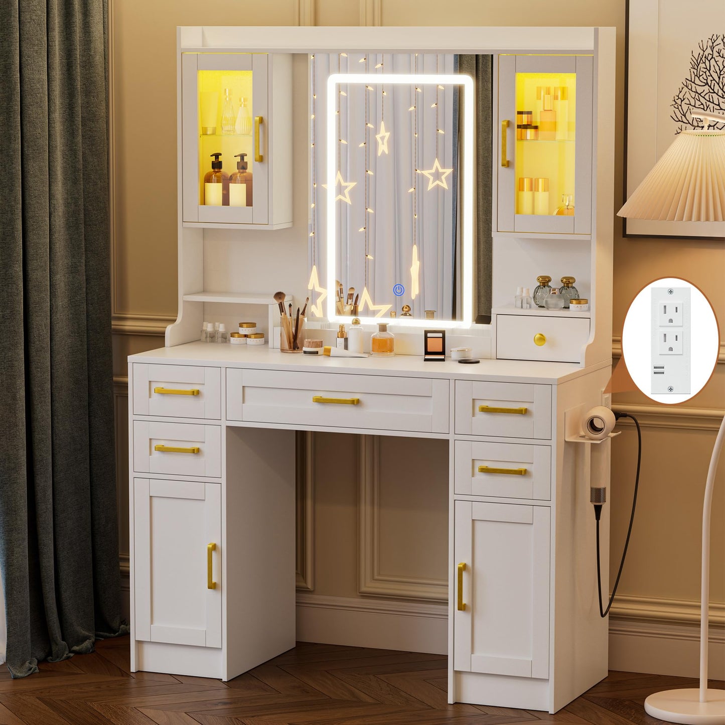 NBYSGO White Vanity with Mirror and LED Lights, Large Makeup Table Set with 2 Display Cabinets, 6 Drawers & 2 Storage Cabinets for Bedroom Dressing Room
