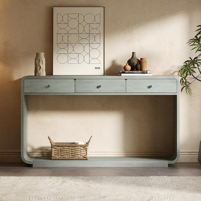 Christopher Knight Home Hiro Narrow Console Table with Storage, Wood Entryway Table with 3 Drawers and 1 Bottom Shelf, Long Entryway Table with Storage, Display Table with Curved Design, Sage Green