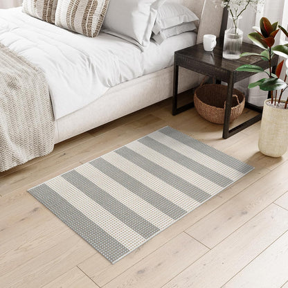 Striped Grey and White Outdoor Rug 2x3, Washable Reversible Cotton Hand-Woven Porch Mat for Entryway
