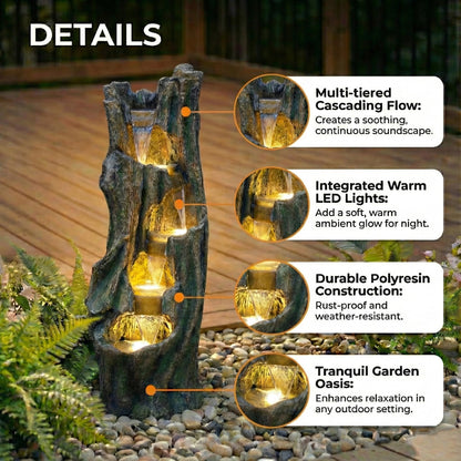 mdj pottery 39.4 Inch Tall Cascading Water Fountain Outdoor, 5-Tiered Resin Outdoor Fountain with Warm White LED Lights, Rustic Weather-Resistant Tree Trunk Waterfall for Patio Yard Garden - Grey
