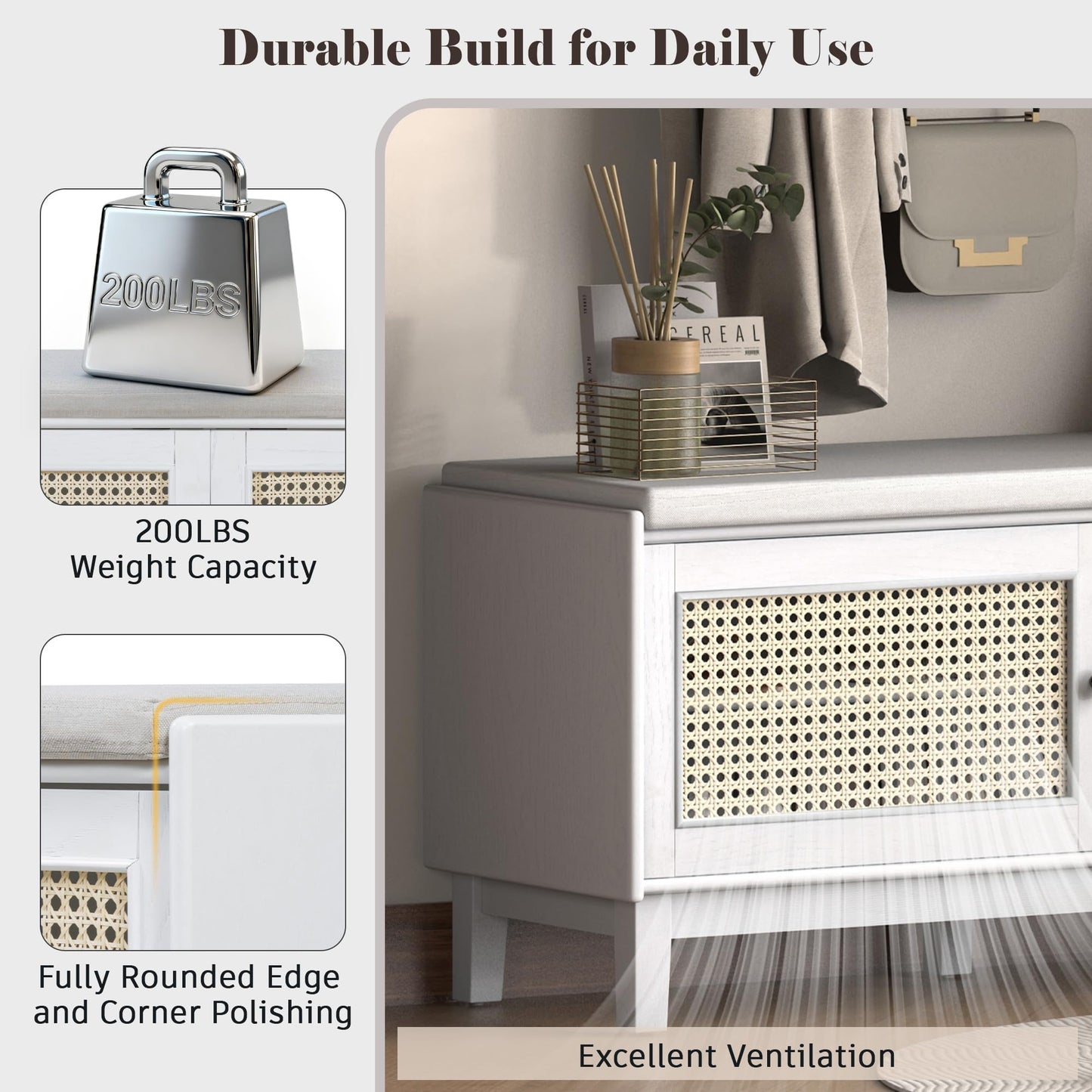 GDFStudio Boho Rattan Shoe Storage Bench with Cushion, Wooden Shoe Organizer with 2 Doors, 3-Level Adjustable Shelves, Entryway Shoes Cabinet for Hallway Bedroom Living Room, Espresso+Beige