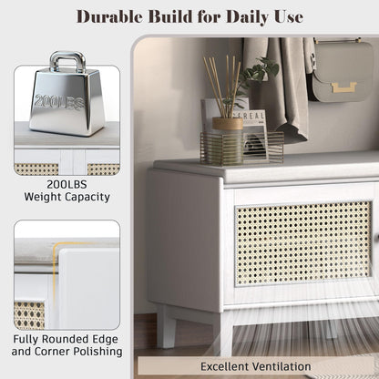 GDFStudio Boho Rattan Shoe Storage Bench with Cushion, Wooden Shoe Organizer with 2 Doors, 3-Level Adjustable Shelves, Entryway Shoes Cabinet for Hallway Bedroom Living Room, Espresso+Beige
