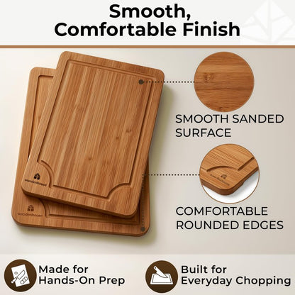 Wooden Cutting Board Set of 3 - Thick & Durable Bamboo Wood Cutting Boards for Kitchen - with Deep Juice Grooves & Built-In Handles - Large Surface, Easy to Clean - for Meat, Vegetables and Fruits