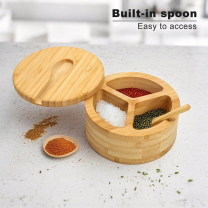 Dvehdbay Salt Cellar - Salt Container Holder with Swivel Magnetic, 3 Compartment Salt Cellar with Lid and Spoon Holder, Wood Bowl Box, Salt and Pepper Bowls with Swivel Lid to Storage, 6OZ