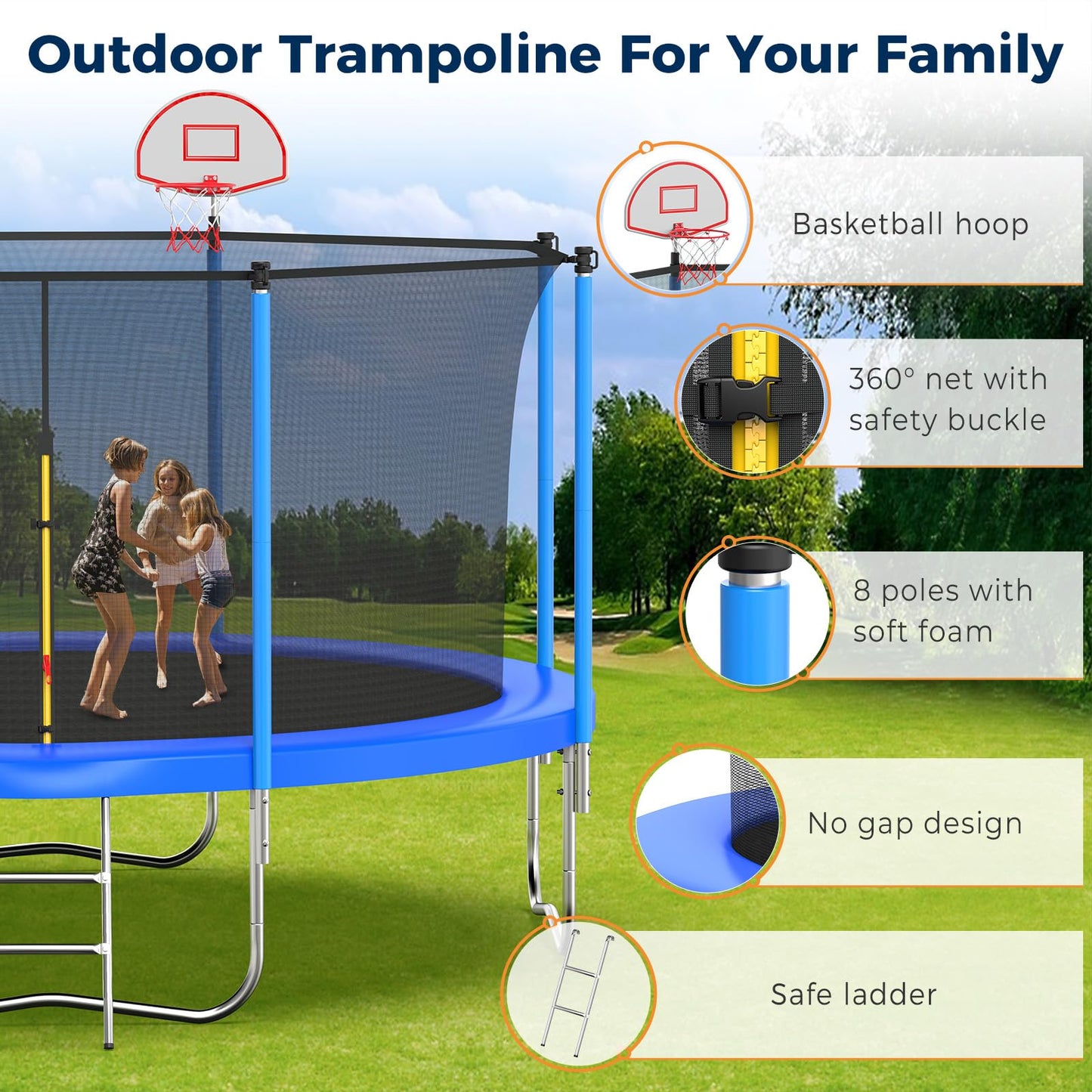 Tatub 12FT Trampoline for Kids and Adults, Outdoor Recreational Trampolines with Basketball Hoop & Enclosure Net, Blue