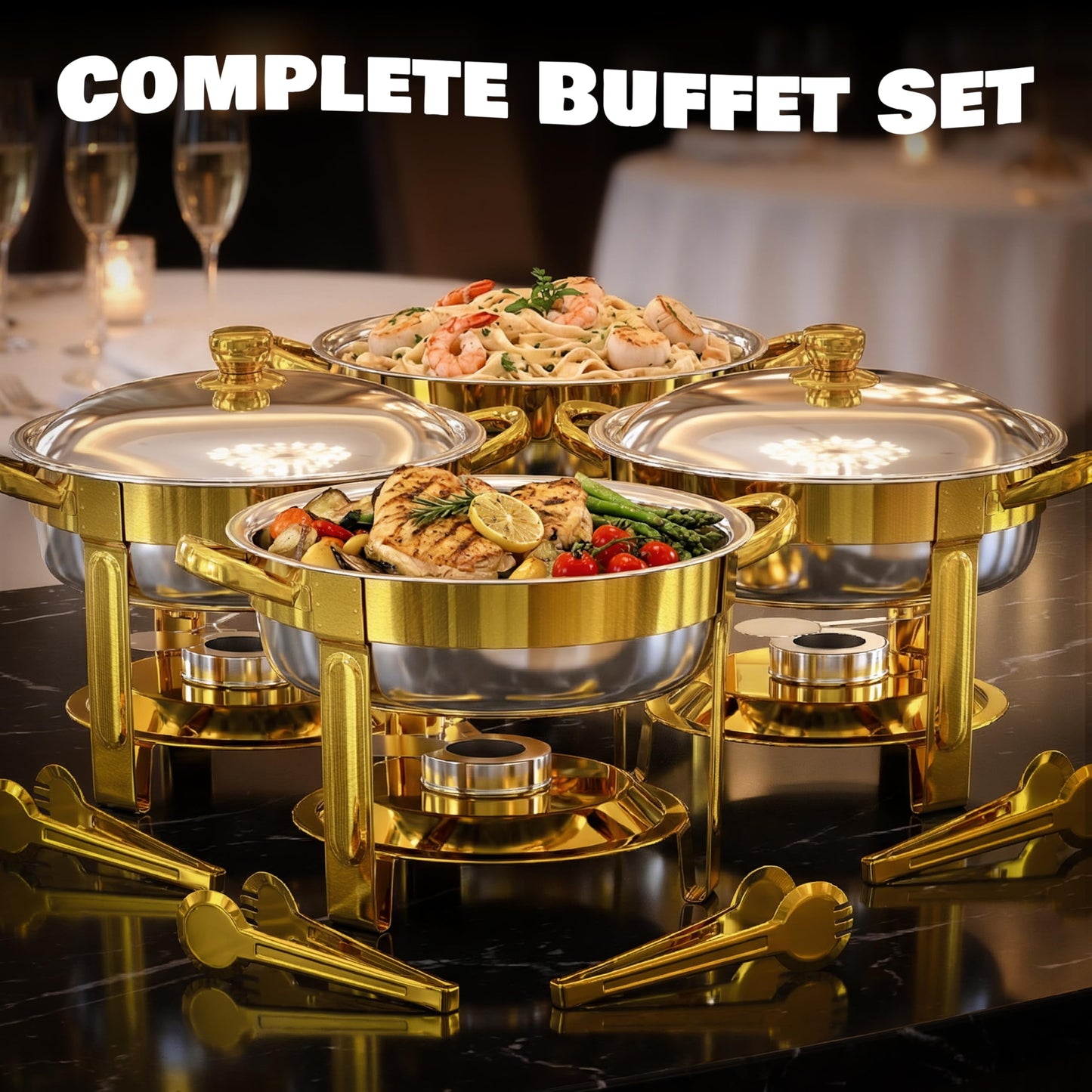 Chafing Dishes for Buffet Set,4 Pack 6QT, Easy 30-Second Lid Assembly Stainless Steel Food Warmers for Catering, Parties & Events, Gold Colors Chafing Dish Buffet Set