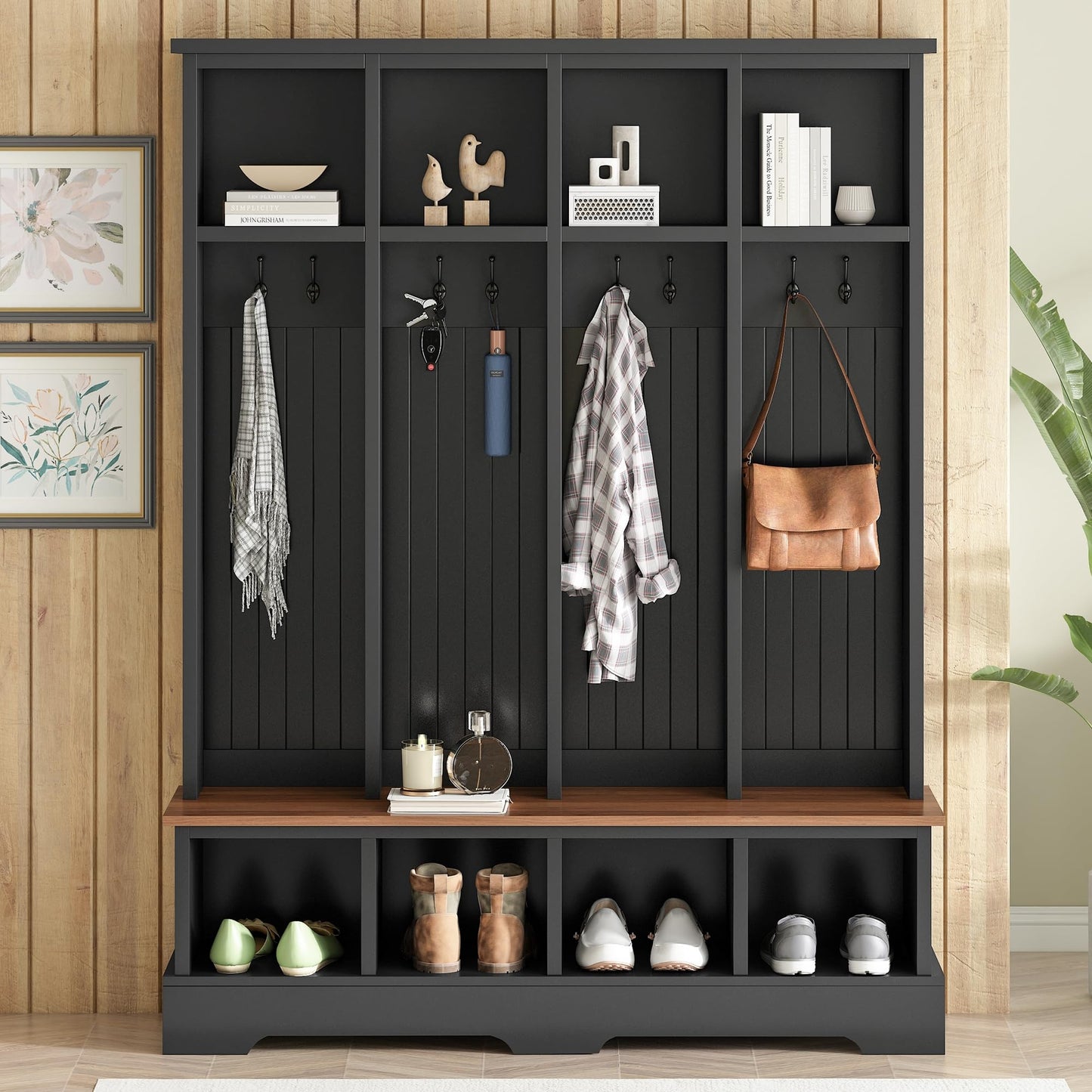Merax Farmhouse Hall Tree with Bench and Shoe Storage, 59" Entryway Bench with Coat Rack, 3-in-1 Hall Tree with Top Compartments and 8 Hooks for Hallway, Living Room, Black