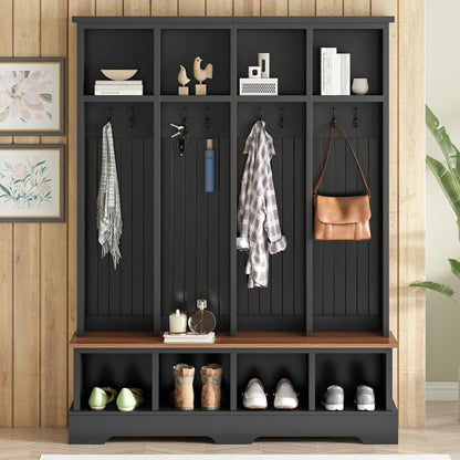 Merax Farmhouse Hall Tree with Bench and Shoe Storage, 59" Entryway Bench with Coat Rack, 3-in-1 Hall Tree with Top Compartments and 8 Hooks for Hallway, Living Room, Black