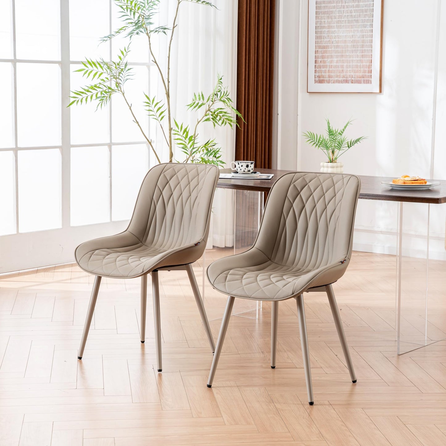 YOUNIKE Faux Leather Dining Chairs Set of 2 Mid-Century Modern High Padded Back Comfy Upholstered Kitchen Chairs with Metal Legs Wide Seat Accent Side Chair for Dining/Living/Waiting Room Khaki