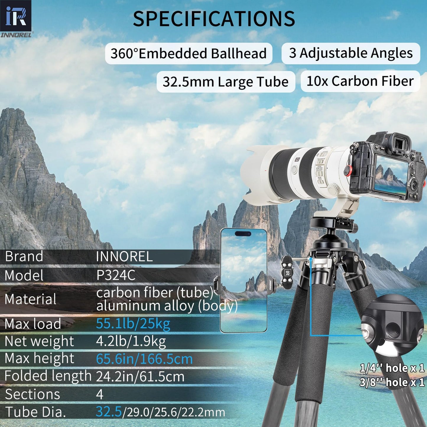 INNOREL P324C 65.6" Carbon Fiber Tripod for Hunting, 360° Rotating Ball Head(1.7"),with Arca Swiss Dovetail Mount,55lb/25kg Load, 32mm Tube Stable Tripod for Photography and Outdoors