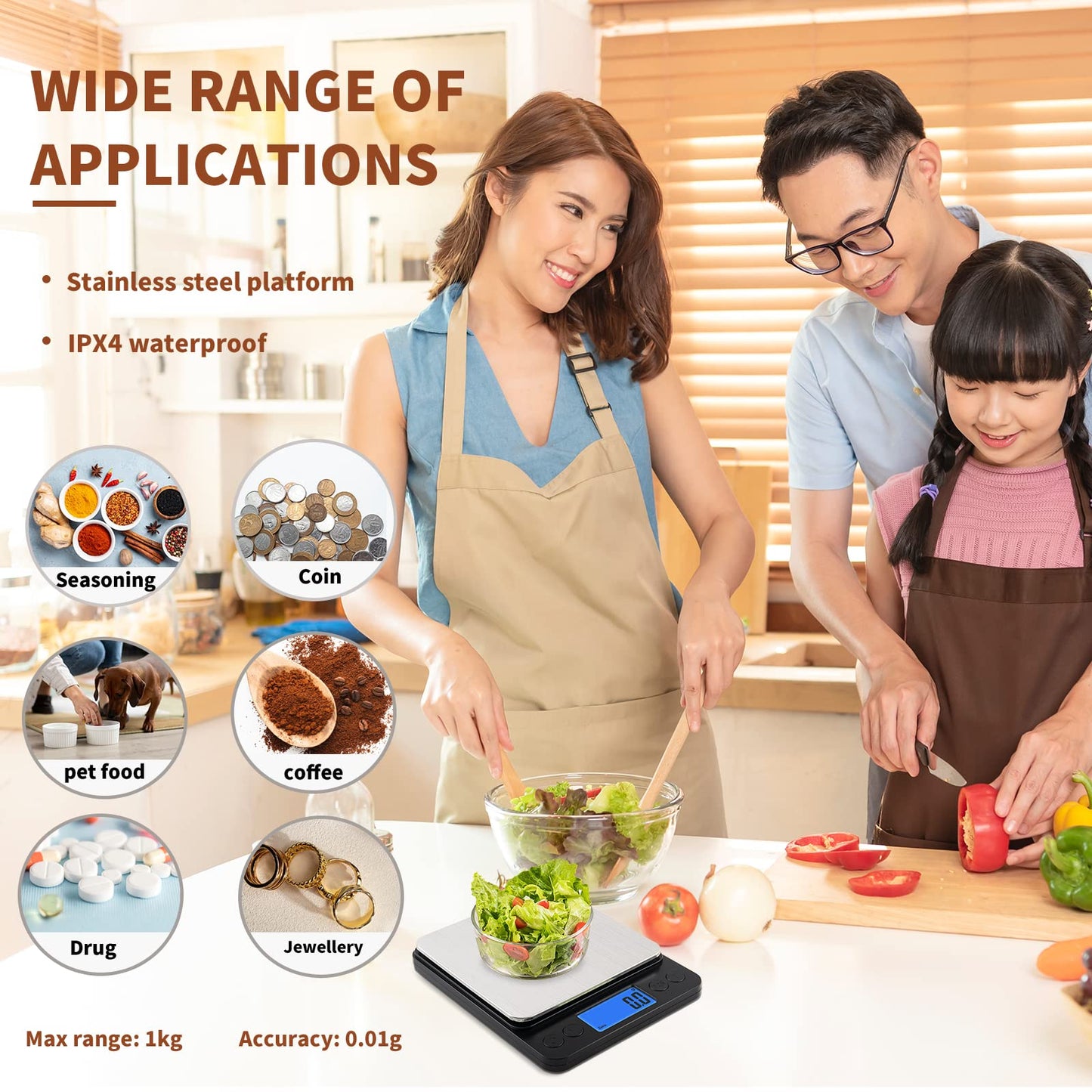 Small Digital Gram Scale 1000g by 0.01g, MEIYA High Accuracy Scale for Food Ounces and Grams, Upgrade USB Charging Kitchen Scale Digital Weight for Cooking, Baking, with Tare Function, 9 Units, 2 Tray