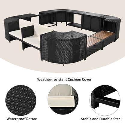 Merax Patio Furniture Set with Mini Sofa, Wooden Seats and Storage Spaces, Outdoor Conversation Sets for Patio, Lawn, Garden