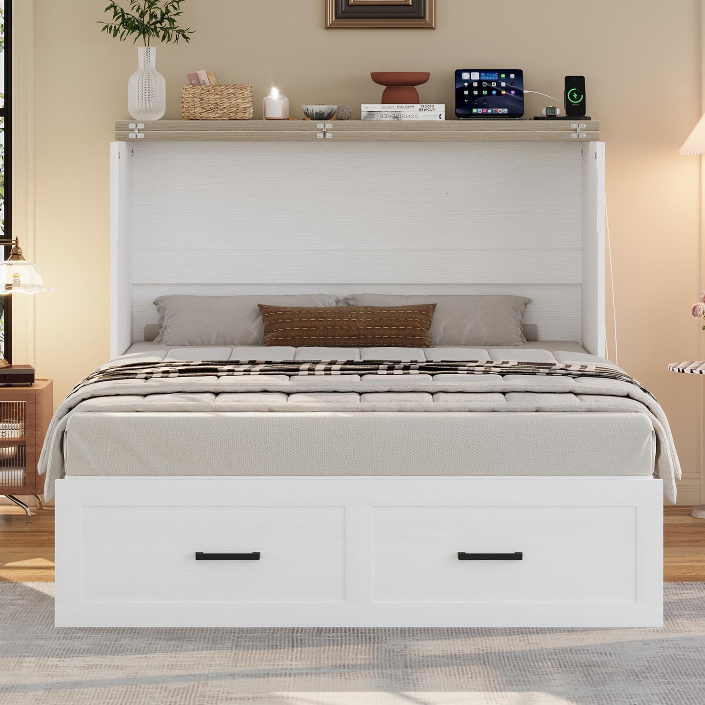DNYN Farmhouse Murphy Cabinet Bed with Large Storage Drawer for Bedroom/Guest Room, Full-Size Foldable Wall Bed Frame with Charging Station, Space-Saving Design & No Box Spring Needed