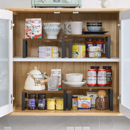 YMYNY Cabinet Shelf Organizer, Extendable Set of 2 Countertop Storage Racks for Kitchen, Rustic Brown