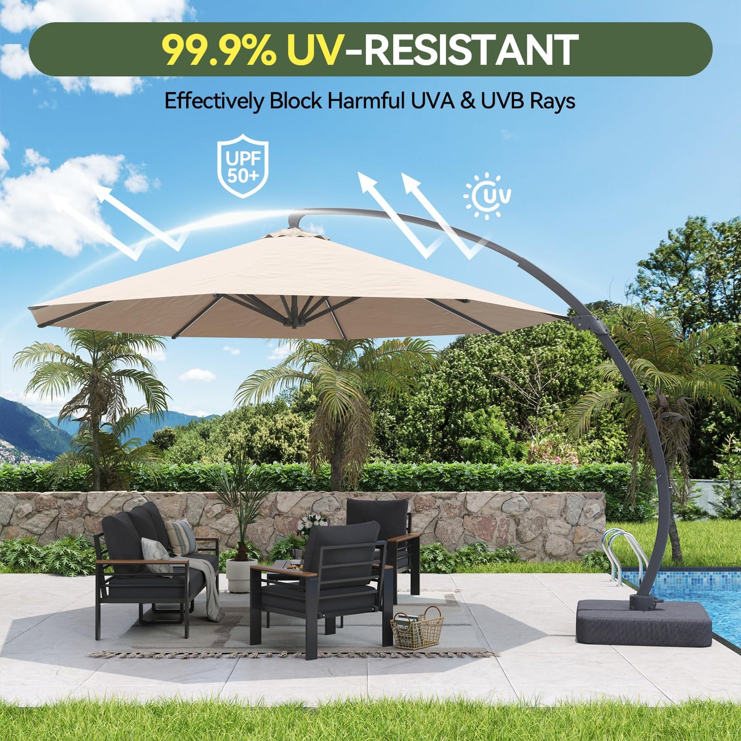 Aoxun 11 FT Cantilever Umbrella with led Light, Patio Large Aluminum Offset Umbrella Windproof with 360°Rotation, Heavy Duty Frame for Outdoor, Pool, Deck and Garden