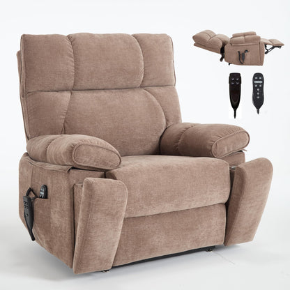 RHHVVR Oversized Power Lift Recliner Chair for Adults, Large Electric Lift Recliners with Massage Heating, Medium-Firm Electric Lay Flat Reclining Chair Sofa for Living Room, Chenille Brown