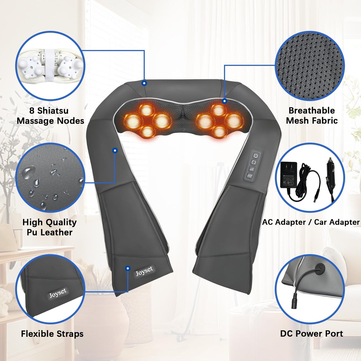 Joyset Shiatsu Neck and Back Massager with Heat,Electric Shoulder Massager for Pain Relief Deep Tissue,3D Kneading Massage with Cloth Cover Easy to Clean Best Gift for Men Women Parents