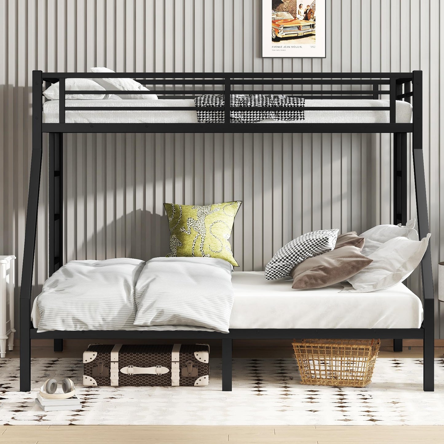 Bellemave Metal Twin XL Over Queen Bunk Bed for Adults/Kids,Heavy Duty Adults Bunk Beds with Guardrail & Ladders,Queen Size Bunk Beds for Teens,Black