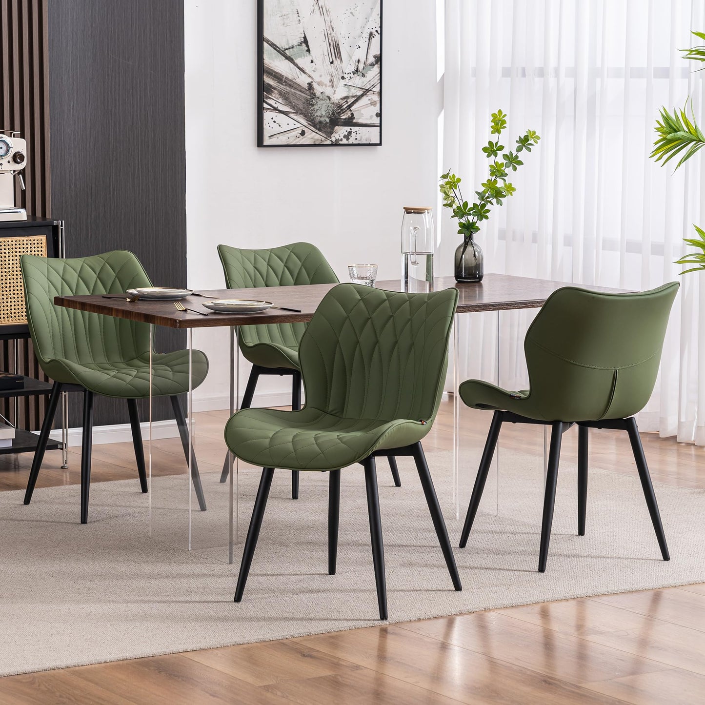 Kidol & Shellder Dining Chairs Set of 2, PU Leather Upholstered Kitchen Chairs with Back Armless, Mid Century Modern Side Chair for Dining Room, Living Room, Lounge, Restaurant, Bean Green