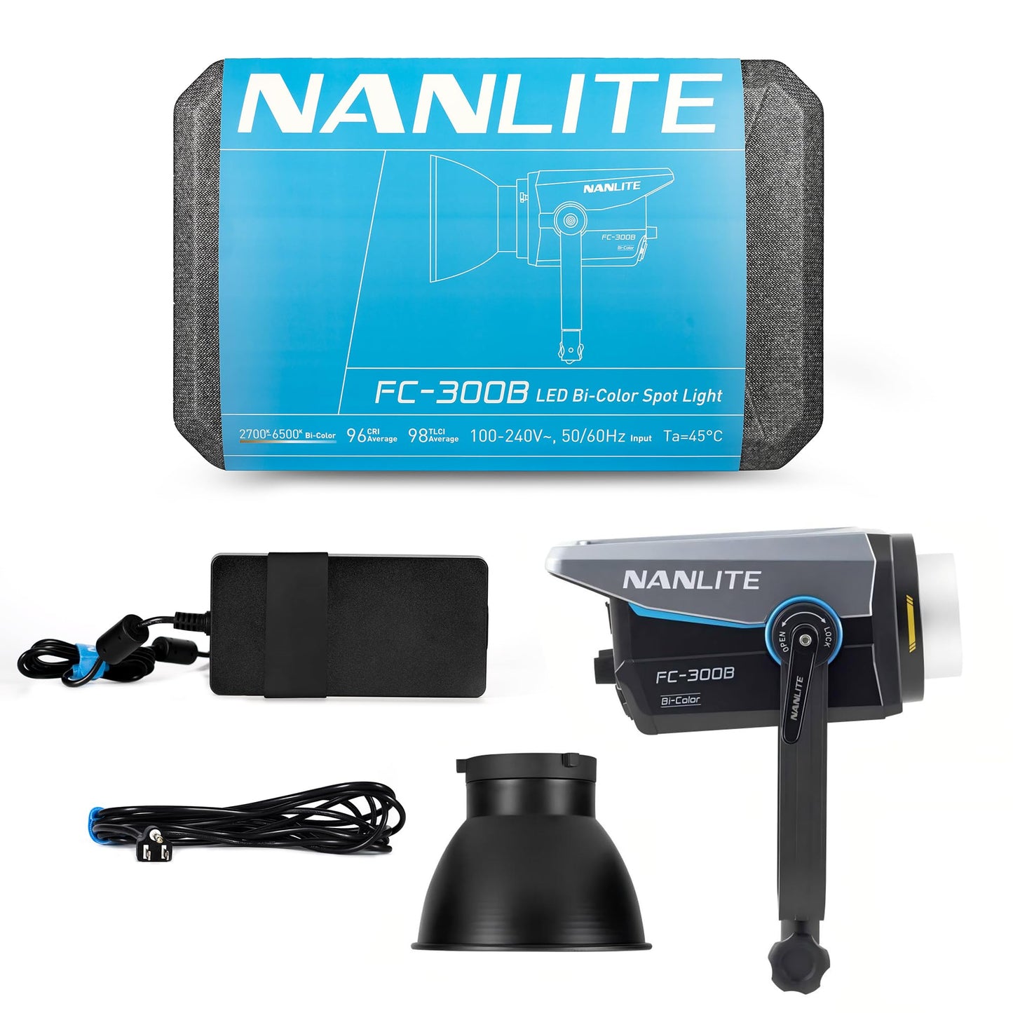 NANLITE FC-300B 350w LED Video Light, CRI 96+ 2,700K-6,500K Bi-Color Photography Light with Bowens Mount, FX Modes, App Control for Studio, Filmaking,Portrait,YouTube Content Creation