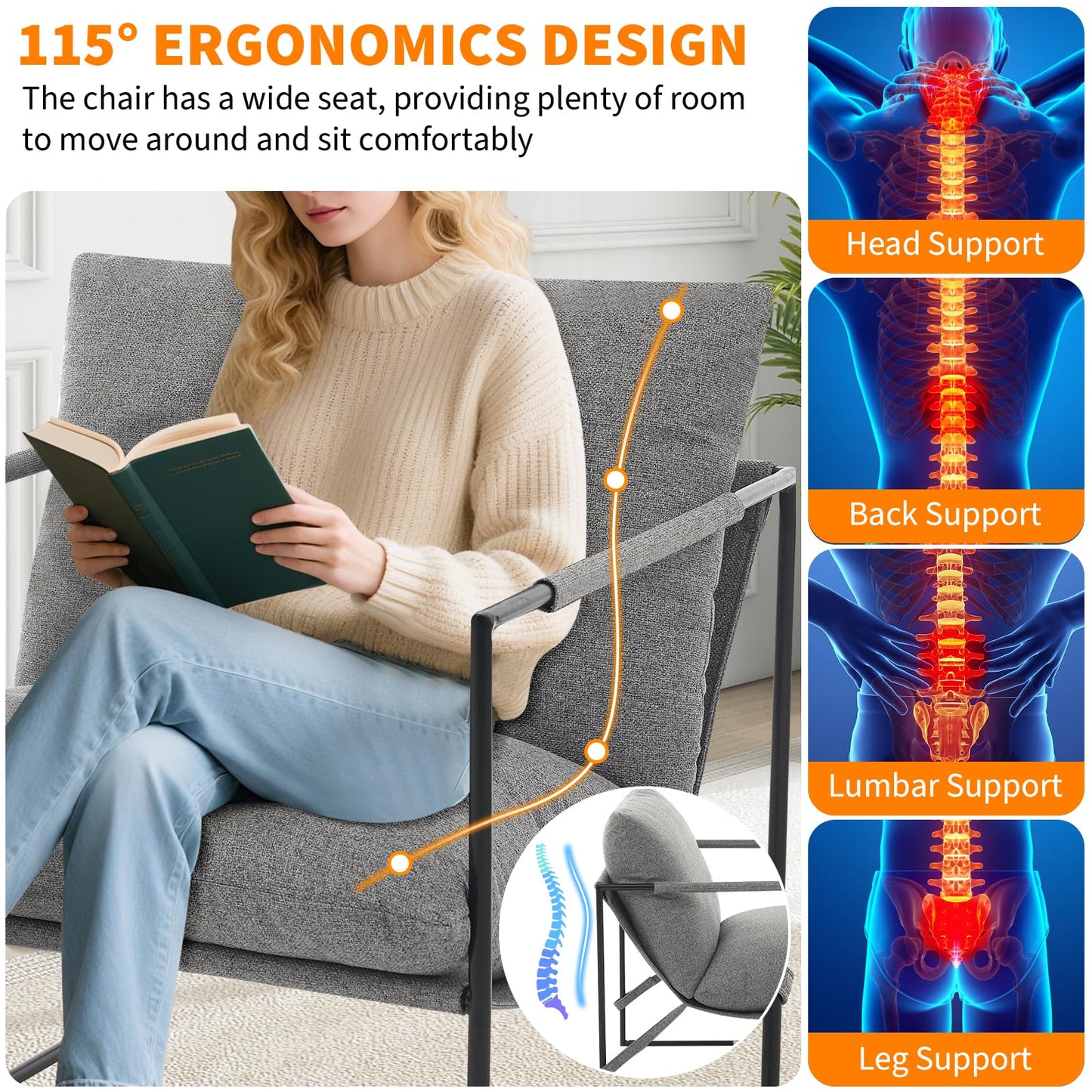 GAOMON Modern Sling Accent Chair Set of 2,Comfy Living Room Chair with Metal Frame,Upholstered Armchair with Soft Cushion for Bedroom Balcony Lounge Reading Room