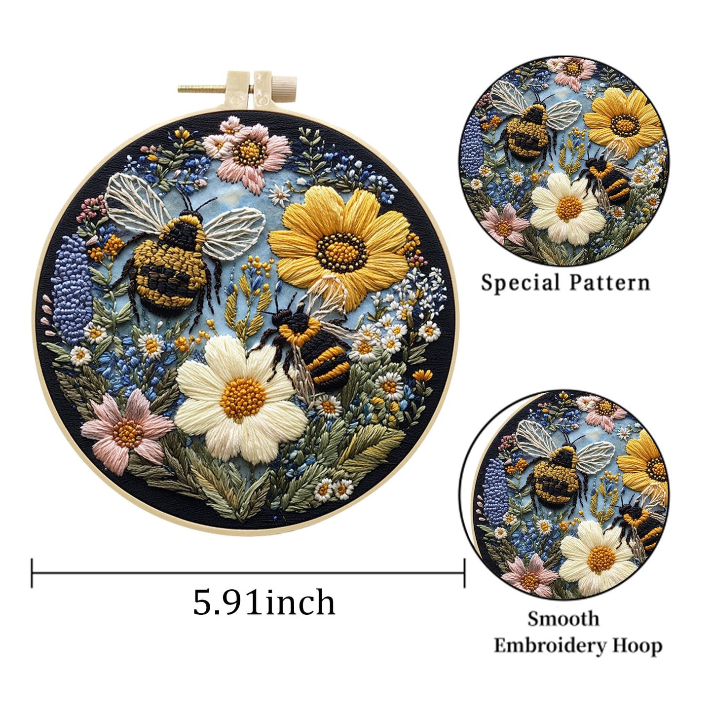 EOBTAIN 3 Pcs Bee Floral Embroidery Kit for Beginners,Yellow Flower Embroidery Kits for Adults, Wildflower Plant Embroidery Starter Kit with Pattern,Hoop,Thread,Needles,Hand DIY Craft Kits for Adults