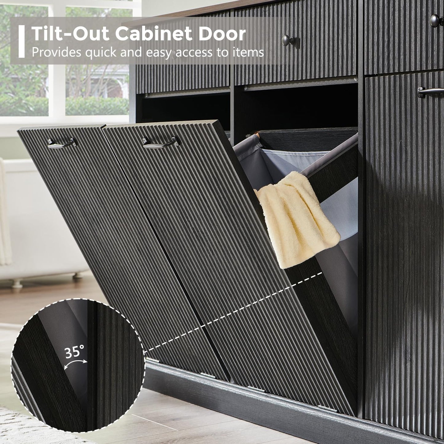 IFGET Triple Tilt Out Trash Can Cabinet, Modern Fluted Laundry Hamper Cabinet with 3 Drawers, 20 Gallon Hidden Wooden Garbage Can Cabinet w/Storage Basket & Adjustable Shelf, for Kitchen, Grey
