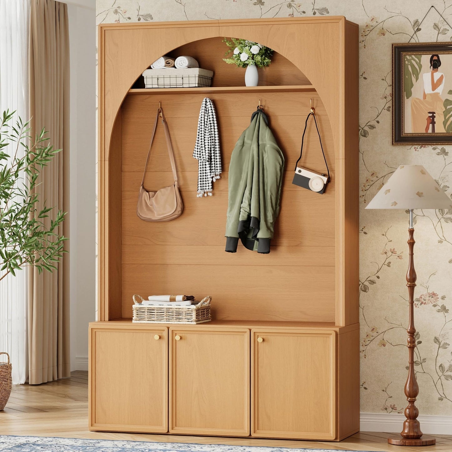 Merax Farmhouse Hall Tree with Bench and 3 Cabinets, 4-in-1 Entryway Coat Rack with 4 Golden Hooks and Top Compartments, 77.5" Retro Arched Entryway Hall Tree for Hallway, Mudroom, Entrance, Natural