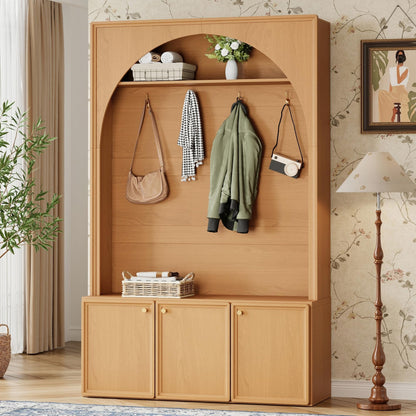Merax Farmhouse Hall Tree with Bench and 3 Cabinets, 4-in-1 Entryway Coat Rack with 4 Golden Hooks and Top Compartments, 77.5" Retro Arched Entryway Hall Tree for Hallway, Mudroom, Entrance, Natural
