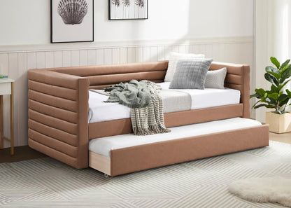 Meridian Furniture BeverlyCognac-T Beverly Collection Modern | Contemporary Twin Daybed with Soft Cognac Premium Vegan Leather, Deep Channel Tufting, Twin Trundle, 87" W x 43.5" D x 34" H, Cognac