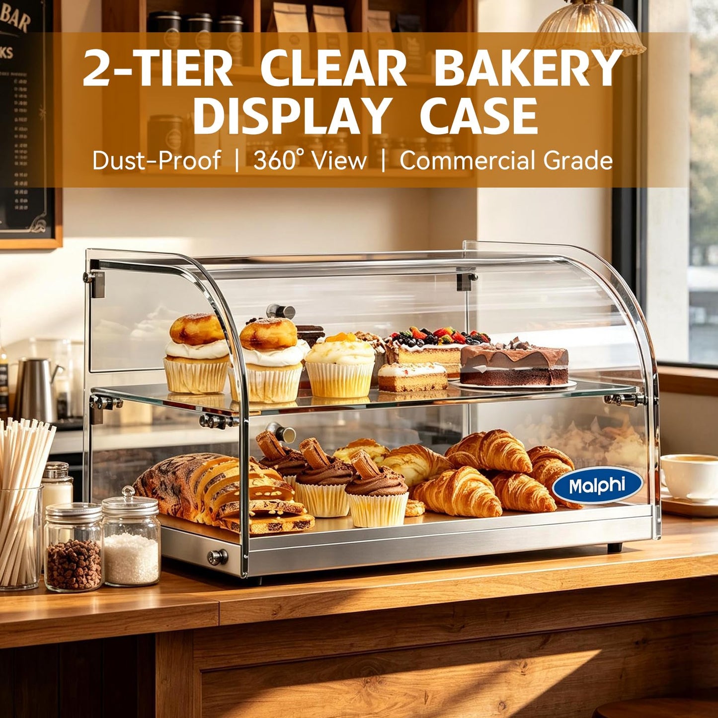 1.59 Cu.ft Malphi Large Pastry Display Case Countertop | Commercial Bakery Display Stand Cupcake Holder Tempered Glass | Large Bread Cookie Display Box | 22.1" x 15.2" x 14.6" | 27.5 lbs |