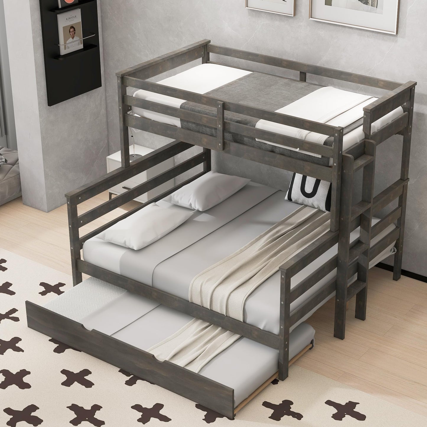 Merax Twin XL Over Queen Bunk Bed Wood Detachable Bunk Bed with Trundle & Ladder, Multifunction Bunk Bed,Can be Separated into 3 Beds, No Box Spring Needed,Space Saving,Gray