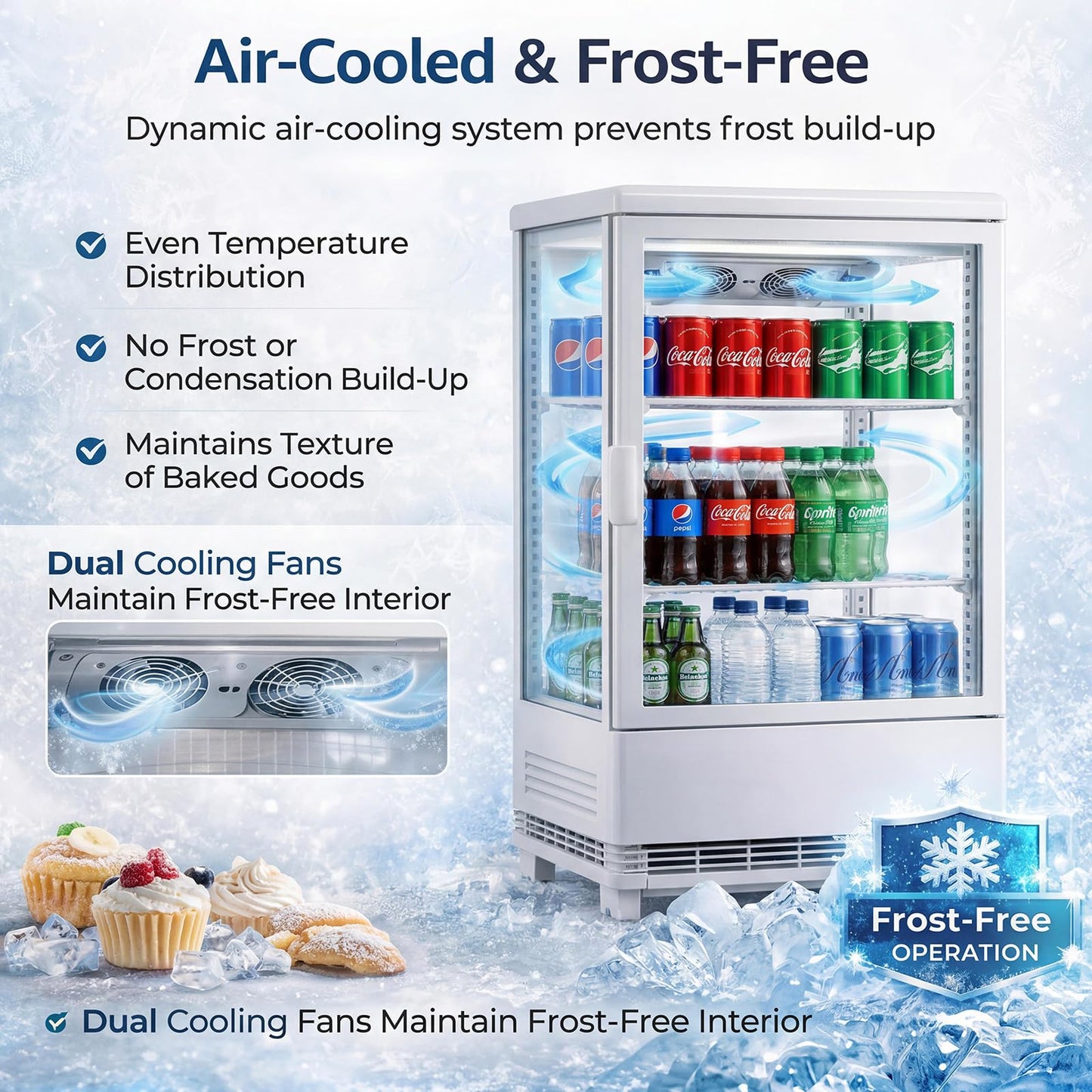 IDEALHOUSE 2.0 Cu.Ft. Countertop Bakery Display Refrigerator with LED Lighting, Rear Sliding Door, Air-Cooling, and Automatic Defrost for Cafes and Restaurants, White