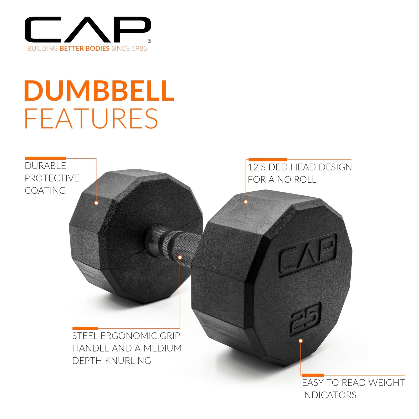 CAP 210 lb Rubber Coated 12-Sided Dumbbell Set with Vertical Rack, Space-Saving Storage for Home Gym Strength Training, Black Handle, Black Rack