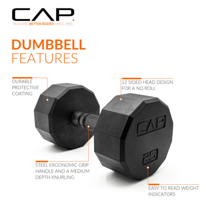 CAP 210 lb Rubber Coated 12-Sided Dumbbell Set with Vertical Rack, Space-Saving Storage for Home Gym Strength Training, Black Handle, Black Rack