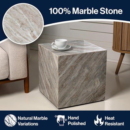 JONATHAN Y Felix 15" Solid Marble Cube End Table, Natural Stone Square Block Side Table for Living Room, Modern Glossy Pedestal Accent Table, Fully Assembled MTB1101A