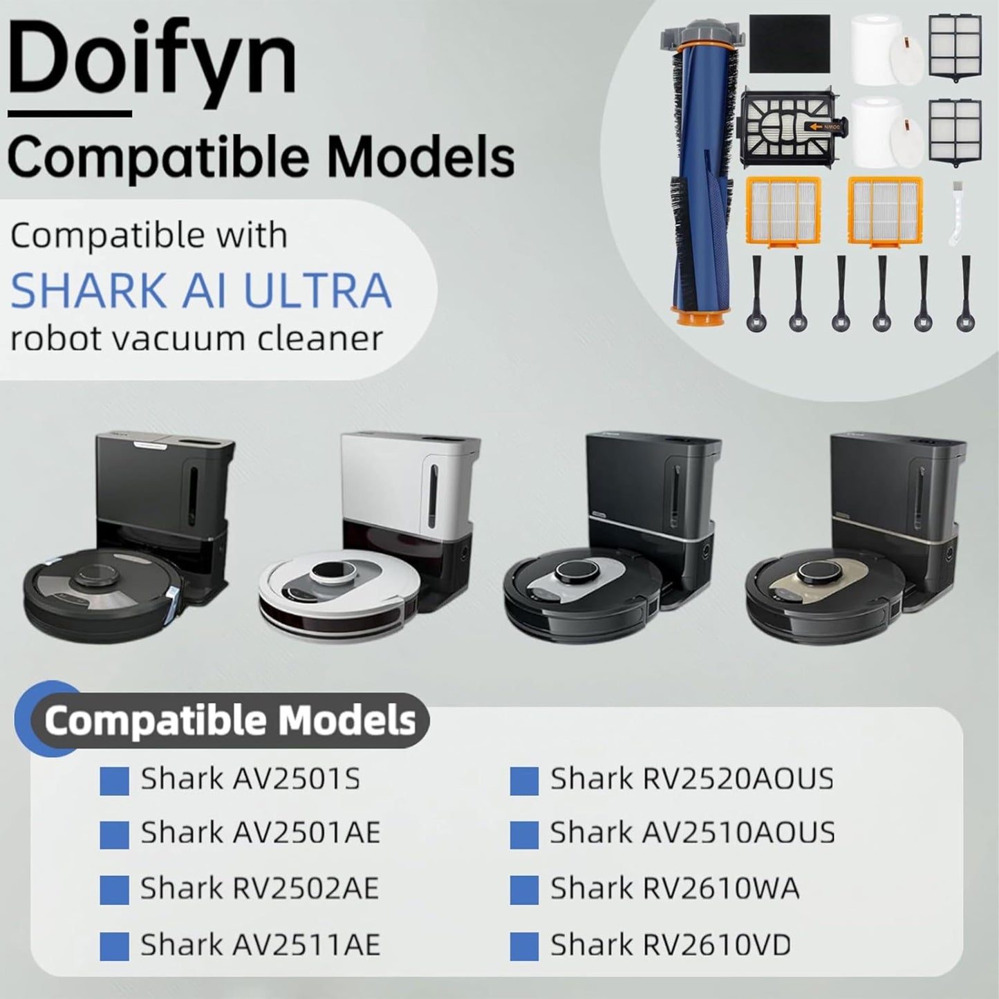 Replacement Parts Compatible with Shark AI AV2501S AV2511AE AV2501AE RV2502AE RV2610WA AV2510AOUS RV2520AOUS Robot Vacuum Cleaner, 1Main Brush, 2 motor pre-filters, 2Foam Filters, 6Side Brushes