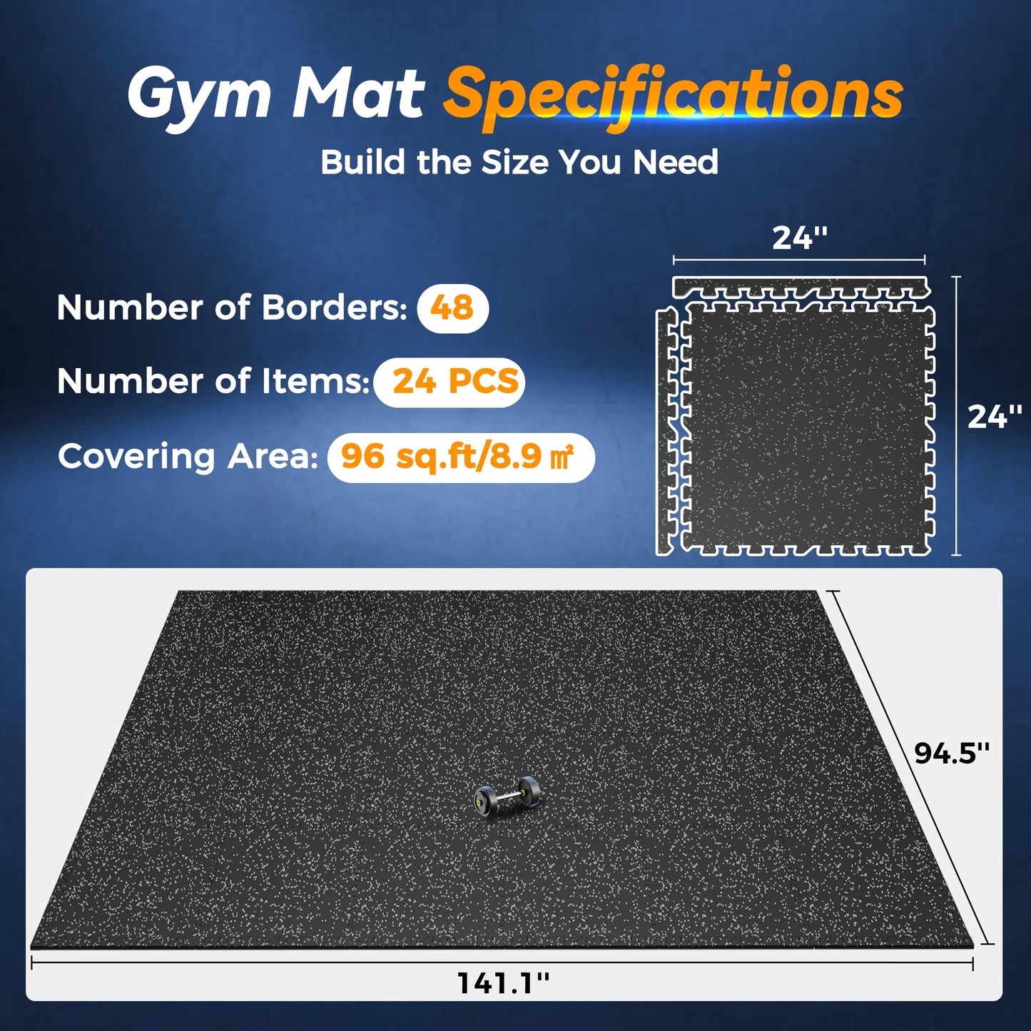 SUPERJARE 1" Extra-Thick Rubber Top Exercise Mat, Puzzle Gym Flooring for Home Gym, Gym Mat for Workout Equipment, Interlocking Floor Tiles with EVA Foam, 24 Pcs 96 Sq Ft, Black/Grey