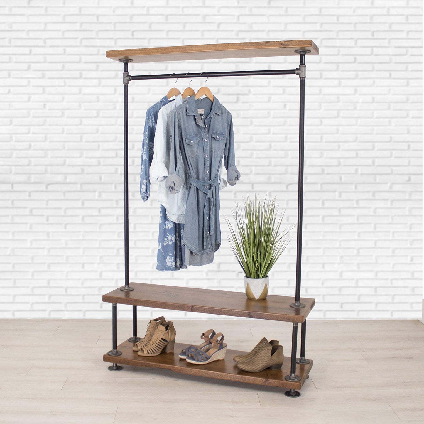 Industrial Pipe Clothing Rack with Wood Shelving by William Robert's Vintage