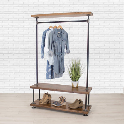 Industrial Pipe Clothing Rack with Wood Shelving by William Robert's Vintage