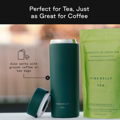 Firebelly Tea, Travel Tea Infuser Mug with Strainer, Insulated Tumbler for Loose Leaf Tea or Coffee, Leakproof Bottle for Hot or Iced Drinks, Stainless Steel Thermos with Lid, Forest
