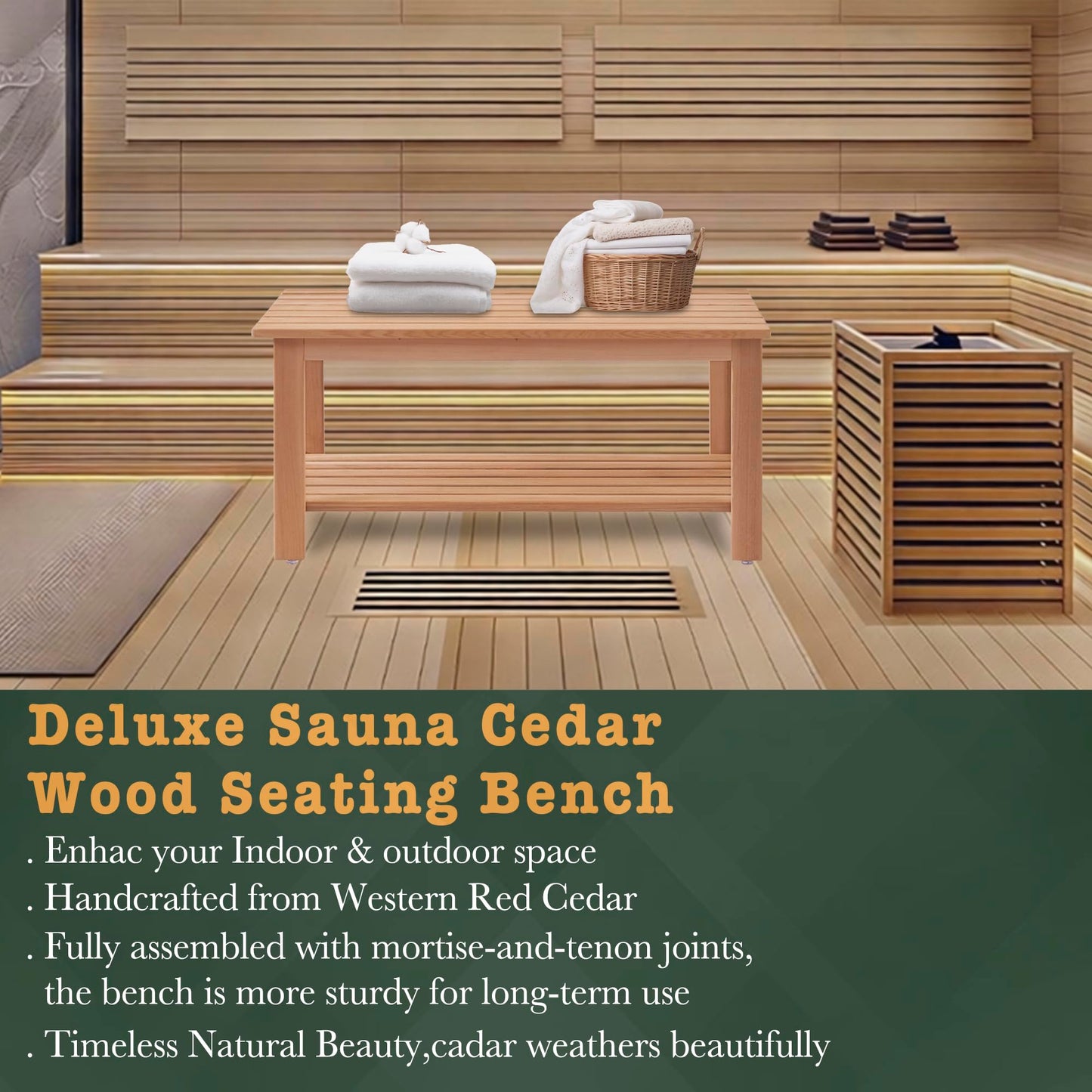 bingaai Western Red Cedar Sauna & Shower Bench 31.5" Fully Assembled – Strong, Durable, Soft-Touch, Insulating Cedar Wood Bench for Bathroom, Sauna, Indoor & Outdoor Use