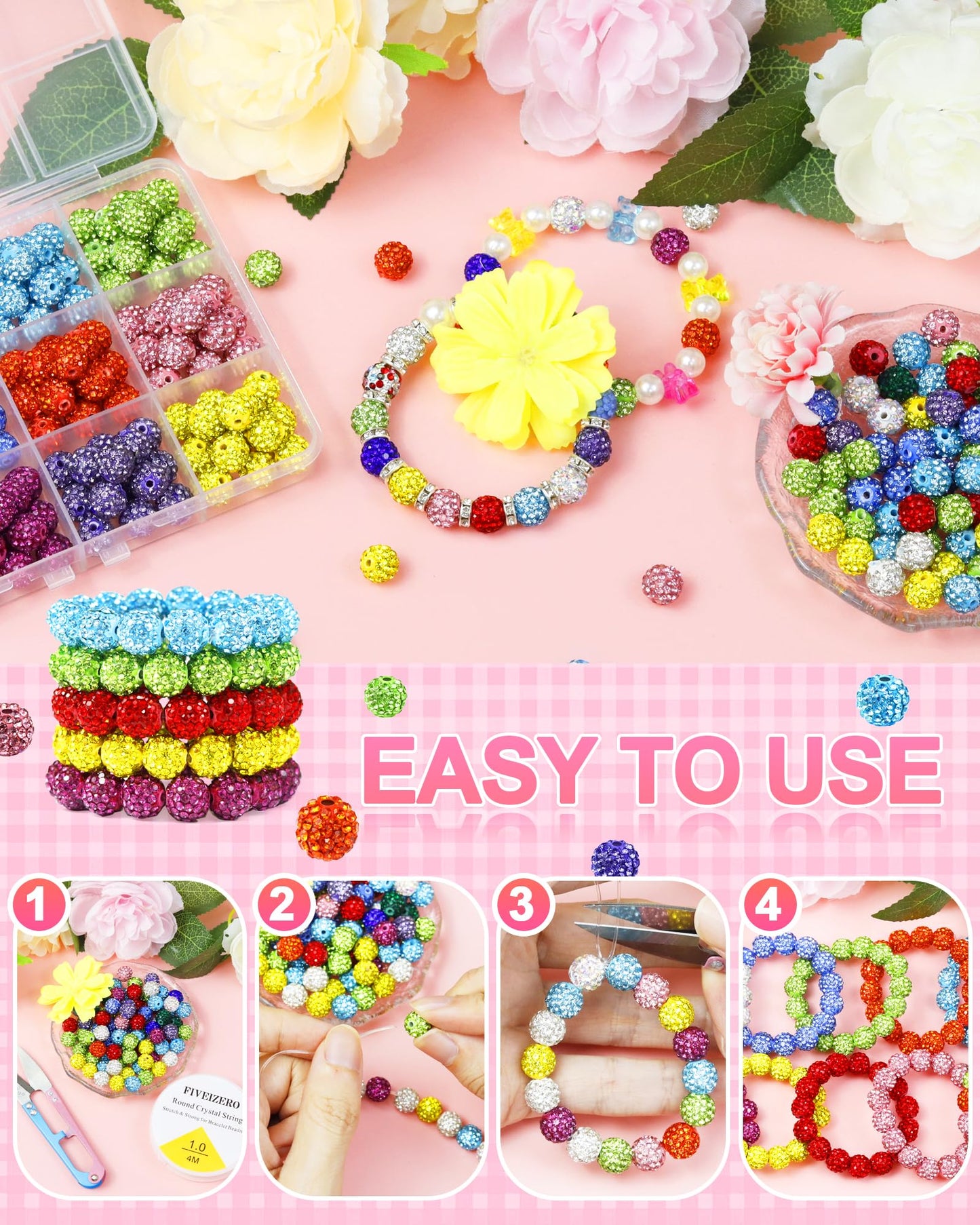 120PCS FIVEIZERO Rhinestone Beads for Jewelry Making, 10mm Dark Pink Shiny Round Sparkle Crystal Clay Beads Bulk Sparkly Baseball Necklace Bead for Bracelets and DIY Crafts
