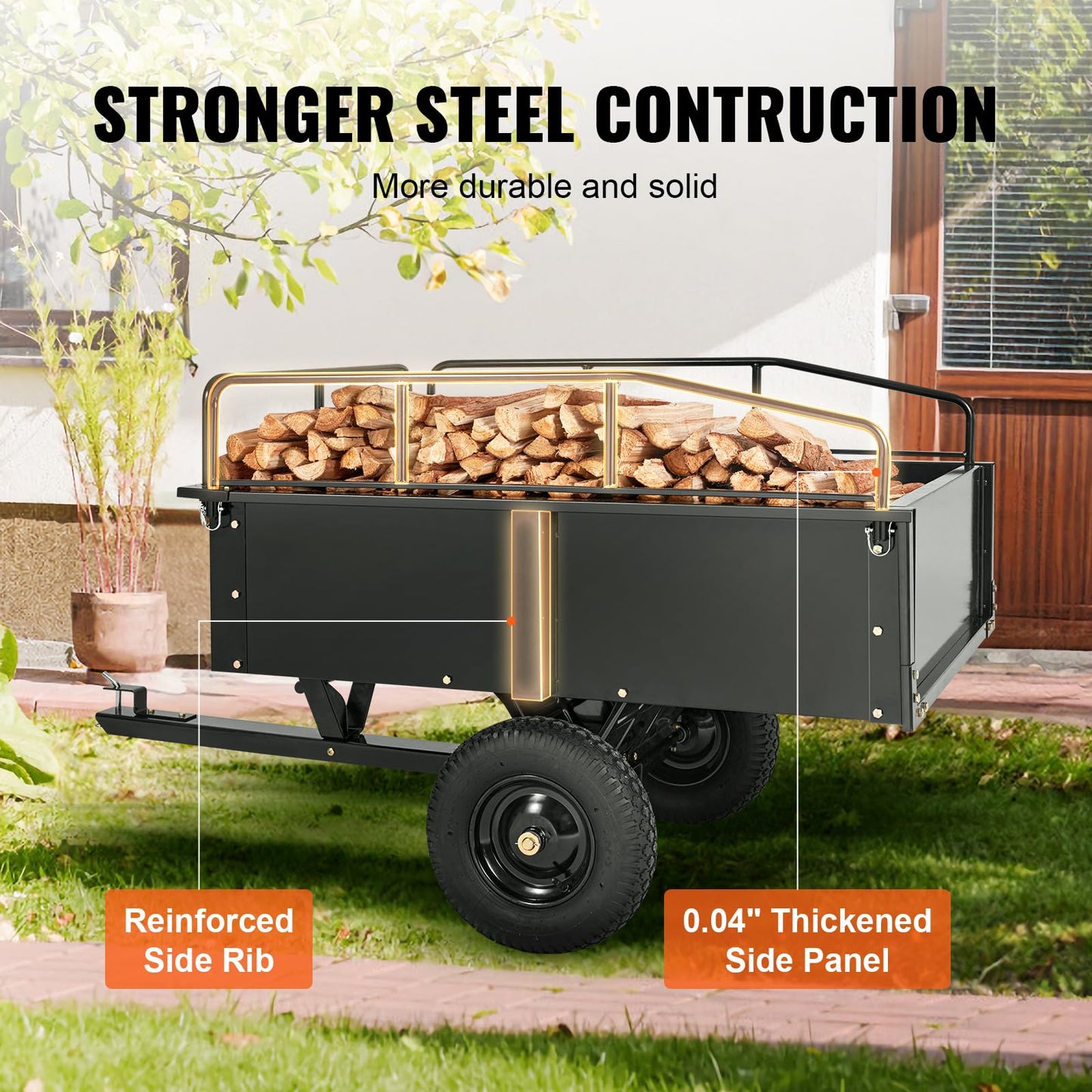 Happybuy Heavy Duty Steel ATV Dump Cart, 750-Pound Capacity, 15 Cubic Feet Garden Utility Trailer with Removable Sides for Lawn Mower Tractor - Black