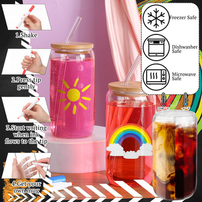 Pickmesh 8 Set Glass Painting Kit for Valentines Day Gifts Adult 16 oz Glass Tumbler with Lids and Straws 12 Markers 12 Colors Acrylic Pain with Brushes to Design Your Own Wine Glasses Gifts