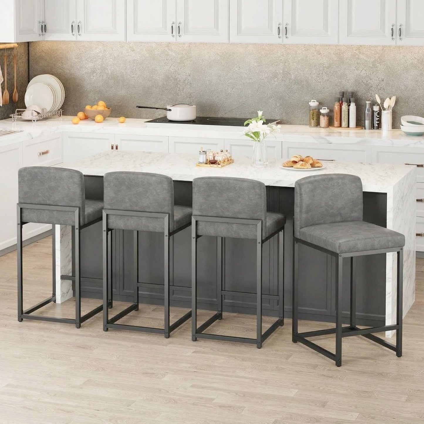 GarveeHome Bar Stools Set of 4, Modern Counter Height Bar Stools with Back and Footrest, Faux Leather Upholstered Barstools Chairs for Kitchen Island Dining Room Bar, Grey