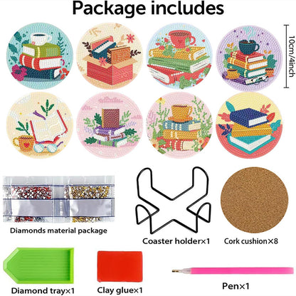 8 Pcs Book Diamond Art Coasters Kit - DIY 5D Diamond Painting Coasters with Holder, Mini Diamonds Arts Kits for Adults Coaster with Cork Pads, Gem Arts Dots Painting Crafts Supplies for Home Decor