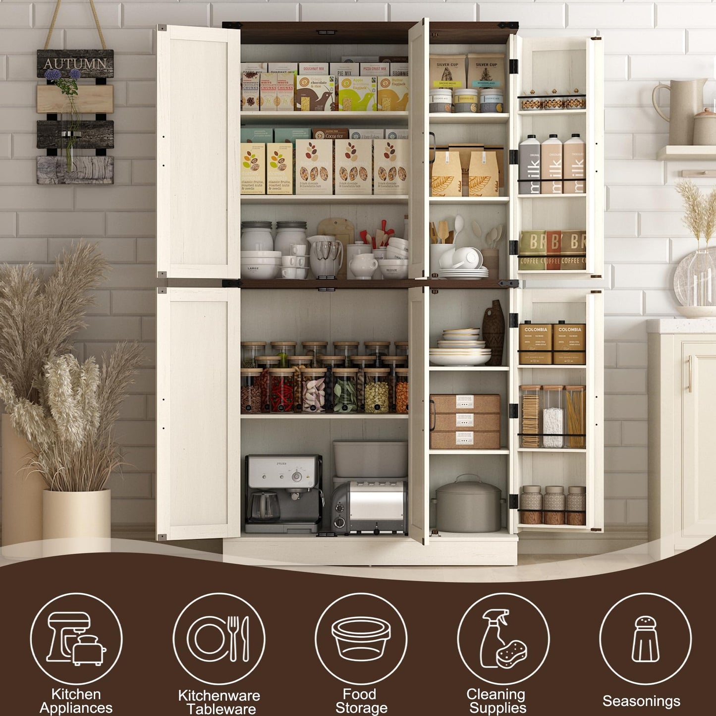 Hlivelood 71" Tall Kitchen Pantry,Farmhouse Storage Cabinet with Barn Doors,Organizer,Rustic Wood Cupboard,Farmhouse Pantry Cabinet for Kitchen,Dining Room,Living Room(Rustic White)